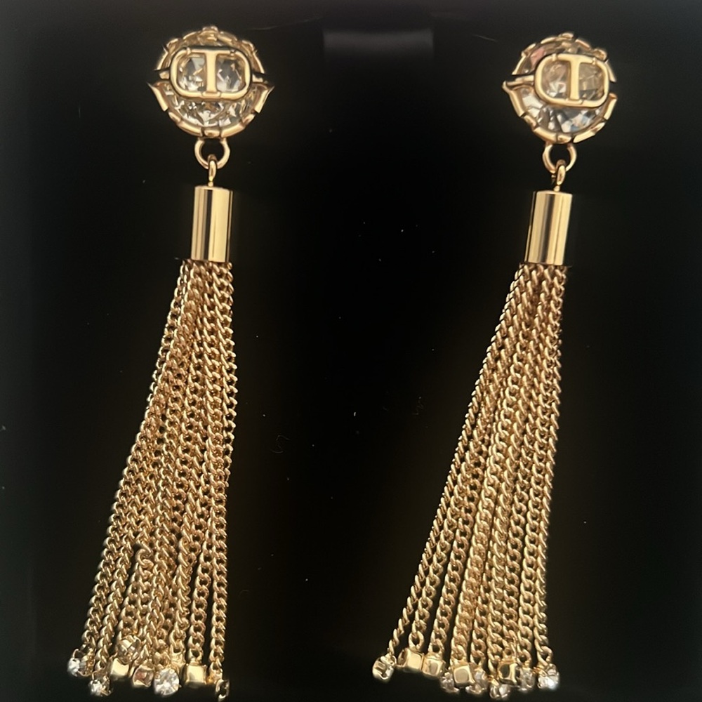 Gold Tassel Earrings with Crystal Studs - Picture 2 of 5